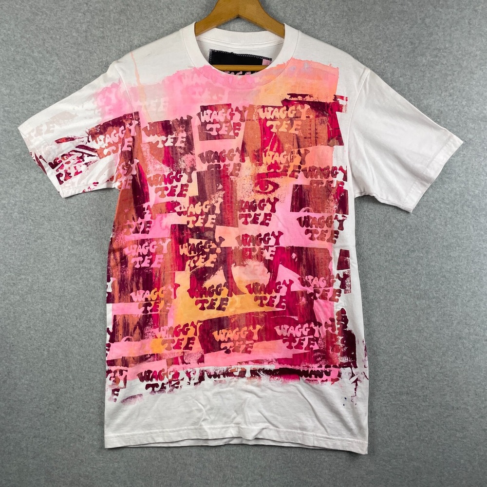 Waggy Tee Shirt Men Large XL White Handmade LA Artist Nora Slade One Of A Kind